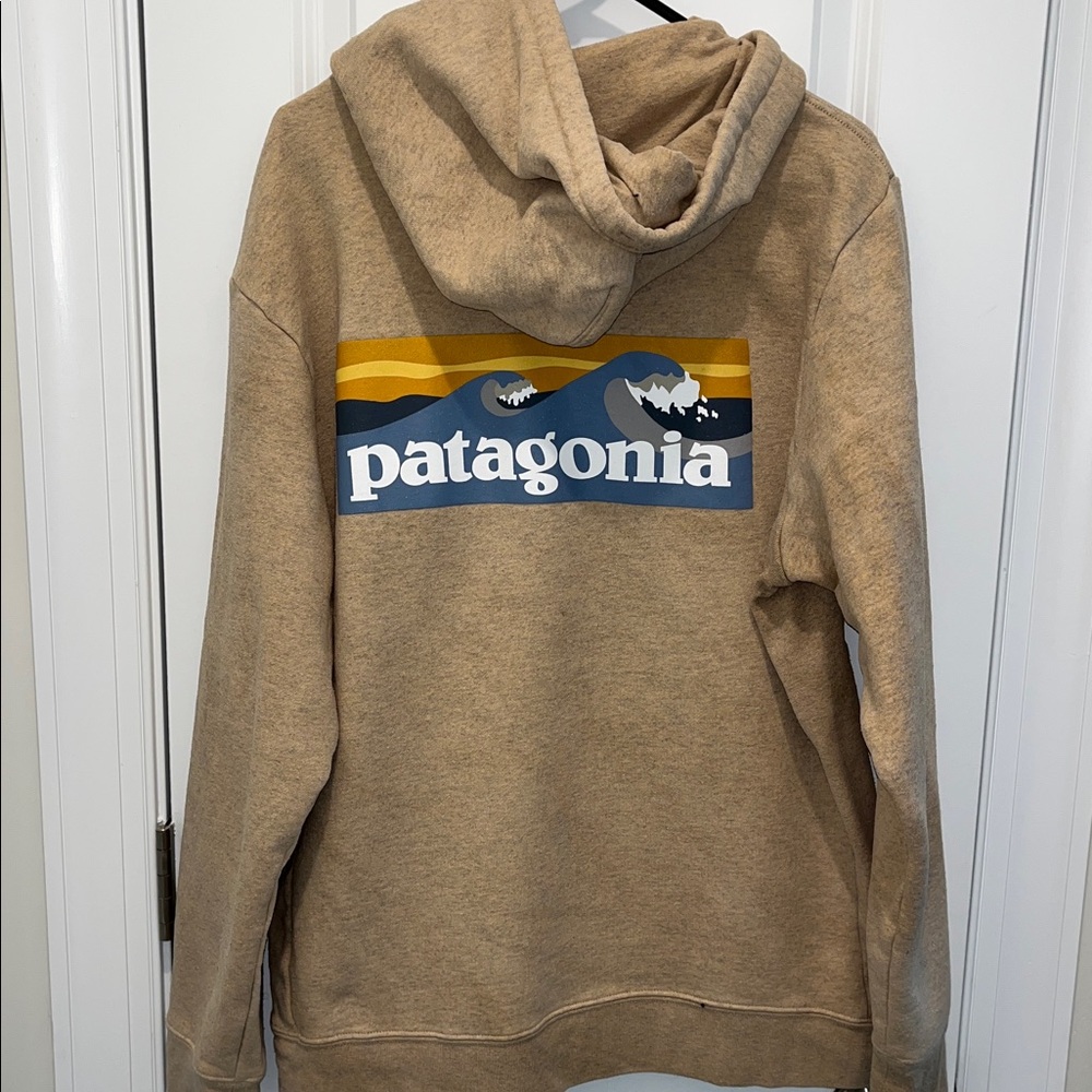 Thick Fleece Tan Patagonia Blue Wave Print hooded hoodie sweatshirt XL women’s